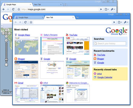 2008 年 Chrome 首发宣传界面:浏览器顶部使用统一输入框,没有 IE7 那样并列的独立搜索框