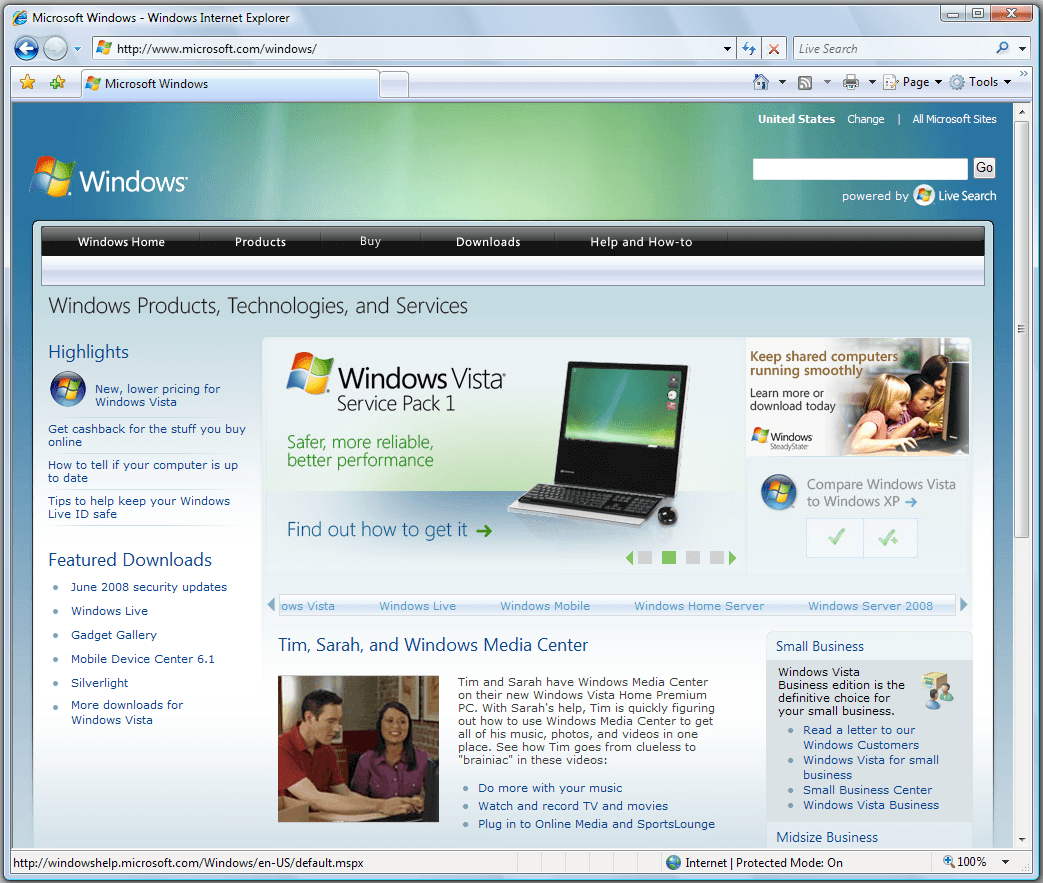 微软 Vista 指南中的 IE7 界面:顶部左侧为地址栏,右侧为独立的 Live Search 搜索框